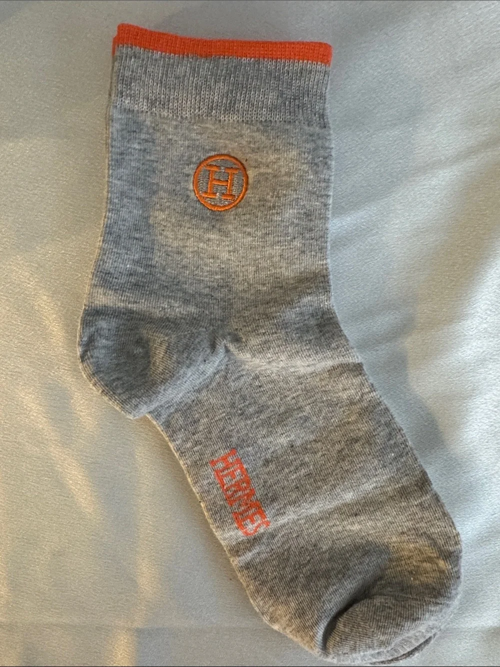 New! Hermes Gray & Orange Men's Crew Sock with Contrast Trim
